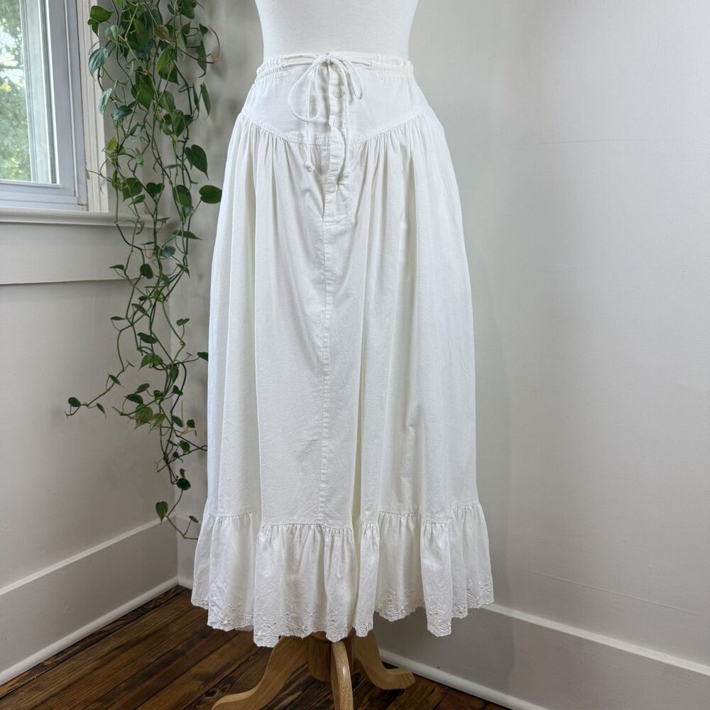 Vintage Romantic Prairie Maxi Skirt | Button Front Cotton Embroidered Floral Hem